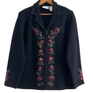 Vintage Wool Jacket S Black Floral Embroidered Boxy Cottagecore Artsy Boho